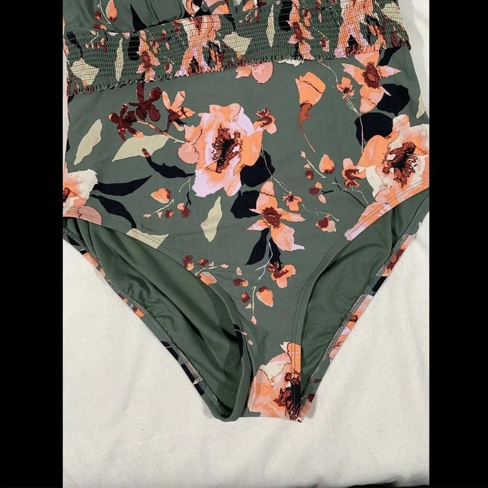 NEW $40 Sea Angel Olive Floral Smocked One Piece Swimsuit [ SZ XL ] #3350‎